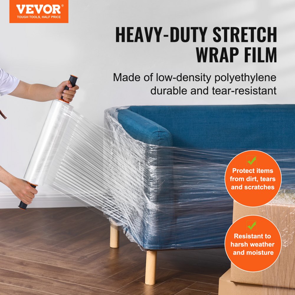 VEVOR Stretch Film, 15 inches x 1200 feet, 1 Pack, 80 Gauge Industrial Strength Clear Durable Stretch Wrap Roll, Heavy Duty Shrink Film Stretch Wrap with Handles for Pallet Wrapping Shipping Moving