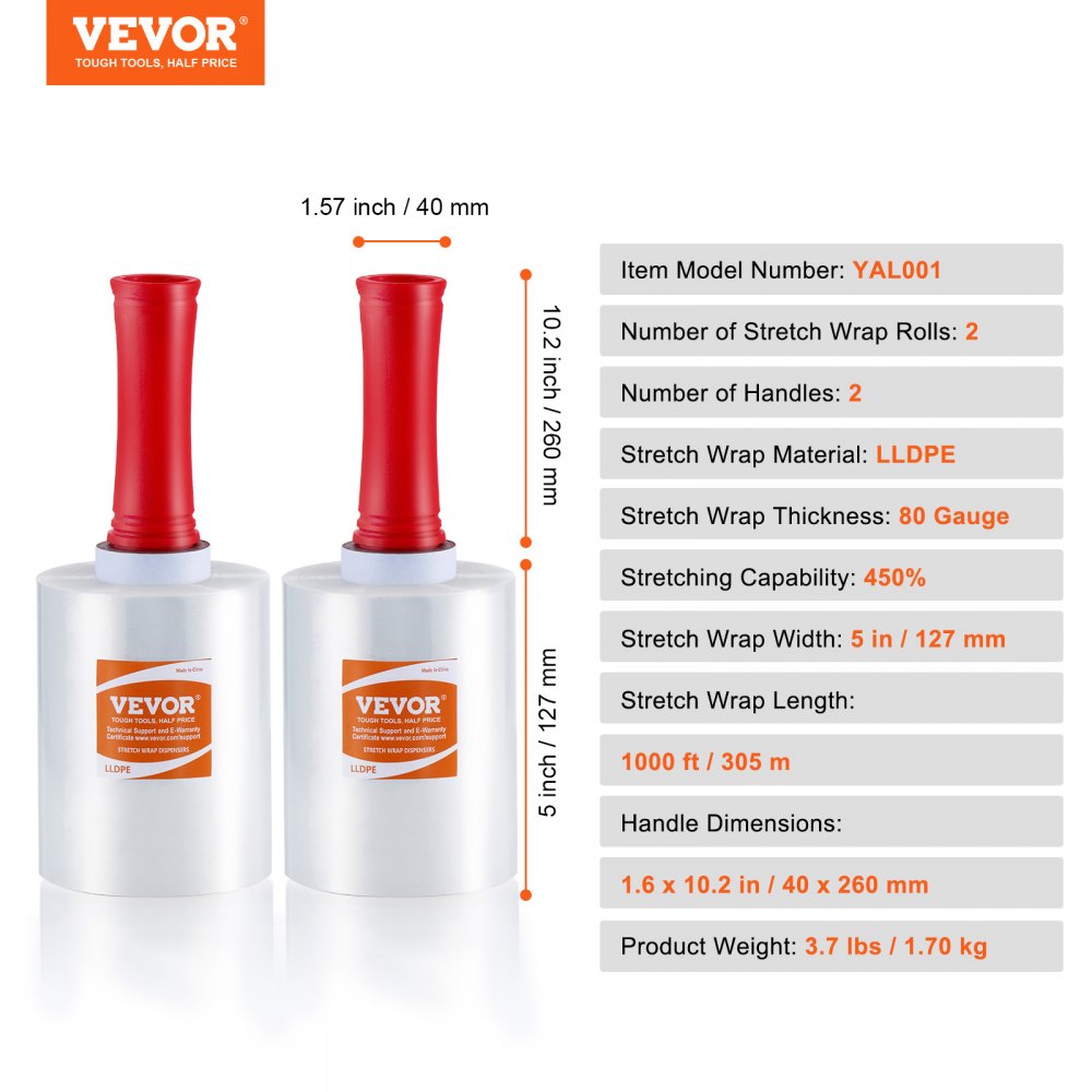VEVOR Stretch Film, 5 inches x 1000 feet, 2 Pack, 80 Gauge Industrial Strength Clear Durable Stretch Wrap Roll, Heavy Duty Shrink Film Stretch Wrap with Handles for Pallet Wrapping Shipping Moving