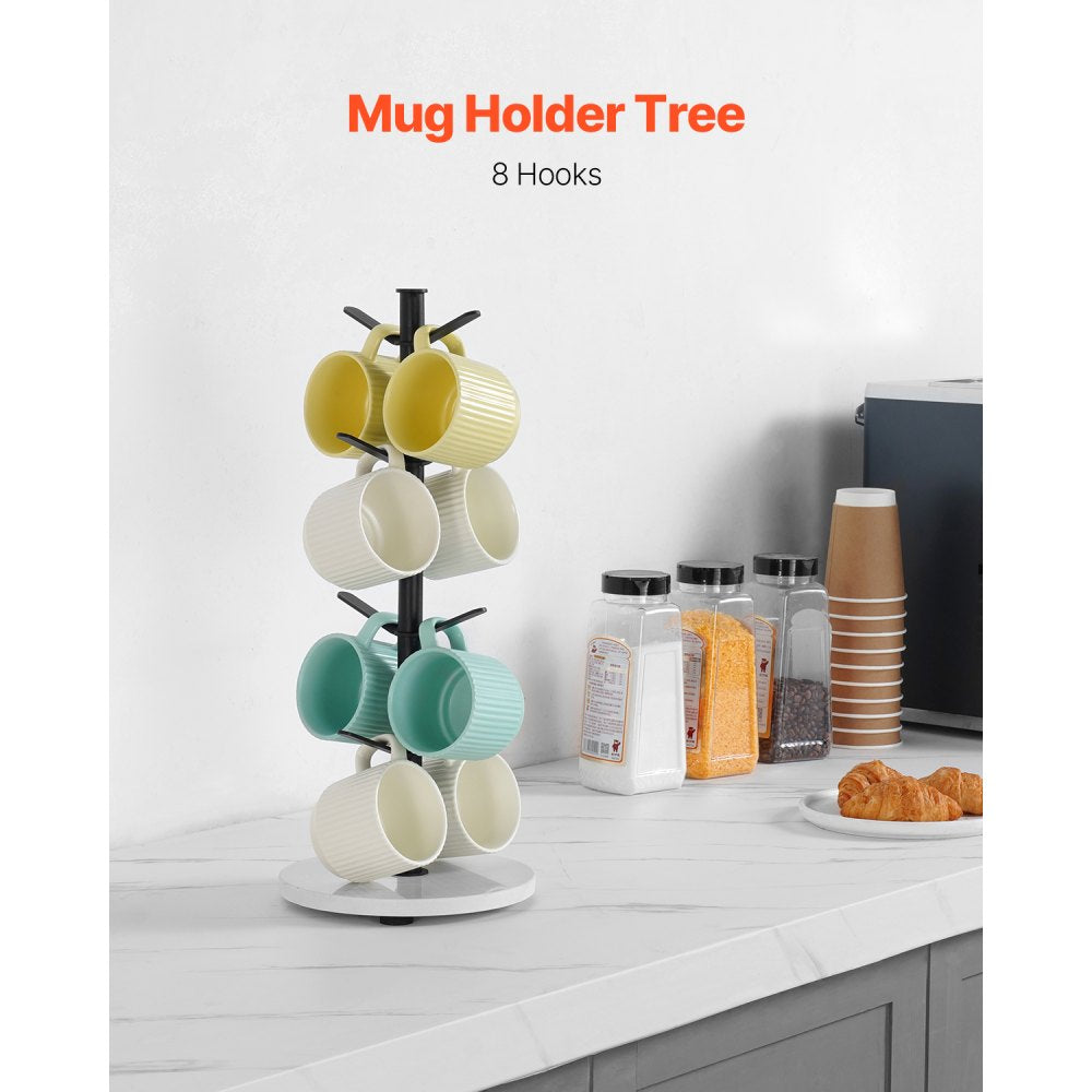 VEVOR Mug Holder Tree with Marble Base, 8 Hooks Coffee Cup Holder for Counter, Carbon Steel Mug Tree Cup Rack Stand, Upgraded Coffee Cup Tree for Coffee Bar Kitchen Home Organizer (Matte Black)