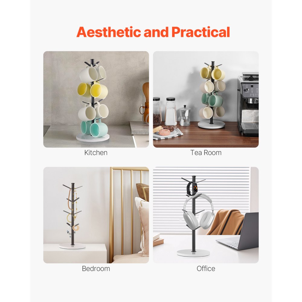 VEVOR Mug Holder Tree with Marble Base, 8 Hooks Coffee Cup Holder for Counter, Carbon Steel Mug Tree Cup Rack Stand, Upgraded Coffee Cup Tree for Coffee Bar Kitchen Home Organizer (Matte Black)