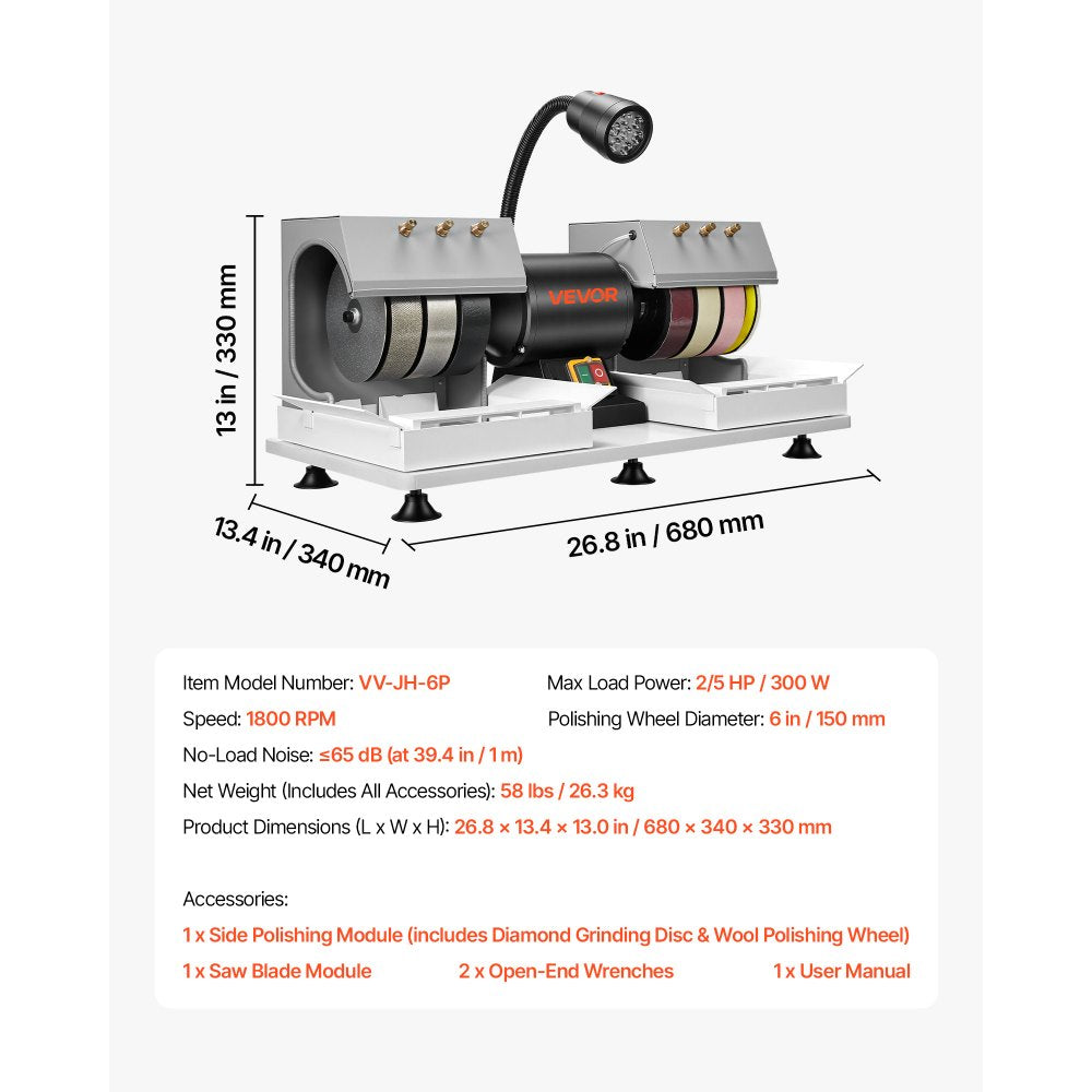 VEVOR Cabbing Machine, 6" 2/5 HP 1800 RPM Efficient, Lapidary Rock Grinder Polisher With Diamond and Resin Wheels, LED Lamp, Water System, Lapidary Equipment for Gemstone Grinding, Stone Polishing
