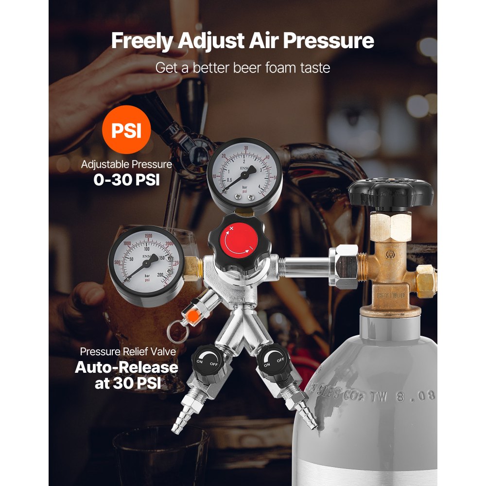 VEVOR CO2 Regulator, Dual-Gauge Dual-Valve Beer Keg Regulator, 0–60 PSI Adjustable Pressure, Heavy-Duty CO2 Tank Gas Regulator with 2 Check Valves, for Draft Beer Homebrewing, Fits CGA320 Interface