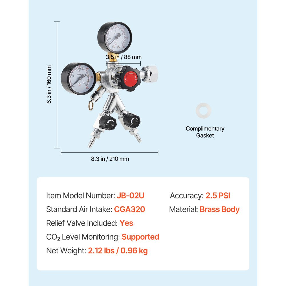 VEVOR CO2 Regulator, Dual-Gauge Dual-Valve Beer Keg Regulator, 0–60 PSI Adjustable Pressure, Heavy-Duty CO2 Tank Gas Regulator with 2 Check Valves, for Draft Beer Homebrewing, Fits CGA320 Interface