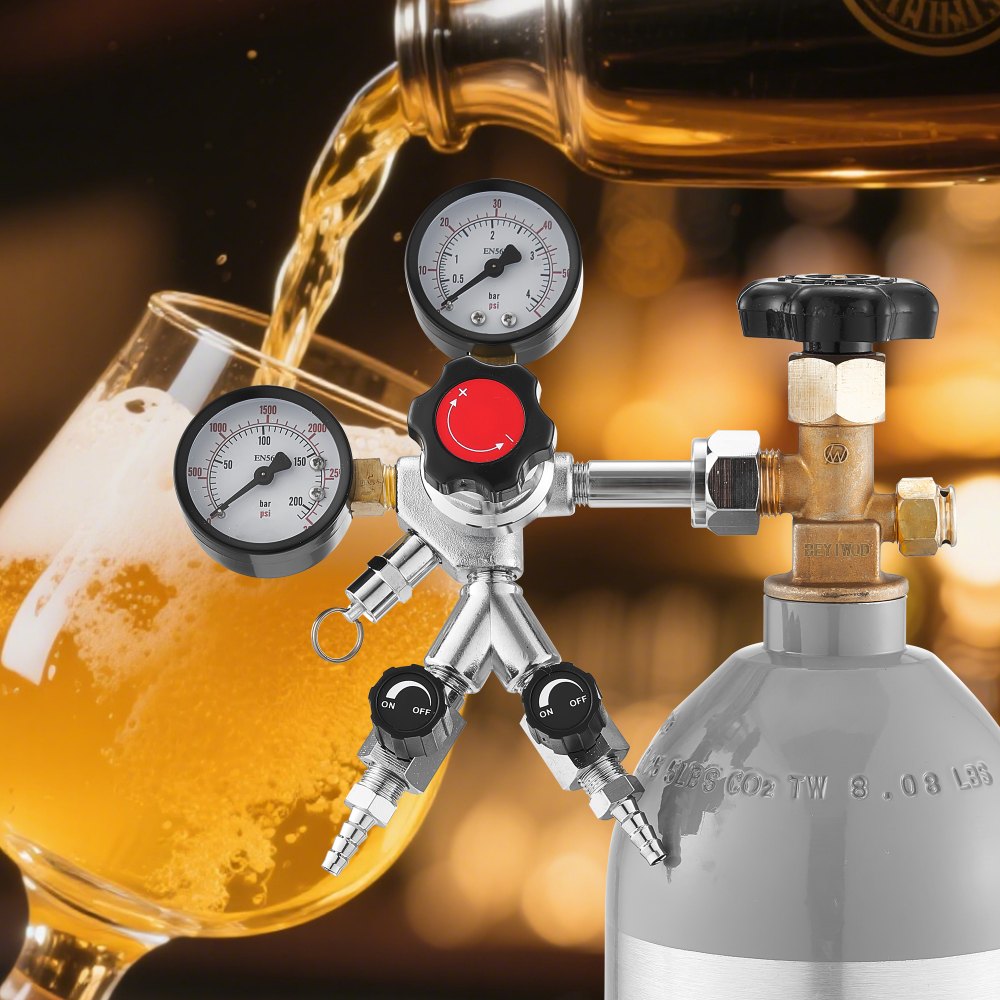 VEVOR CO2 Regulator, Dual-Gauge Dual-Valve Beer Keg Regulator, 0–60 PSI Adjustable Pressure, Heavy-Duty CO2 Tank Gas Regulator with 2 Check Valves, for Draft Beer Homebrewing, Fits CGA320 Interface