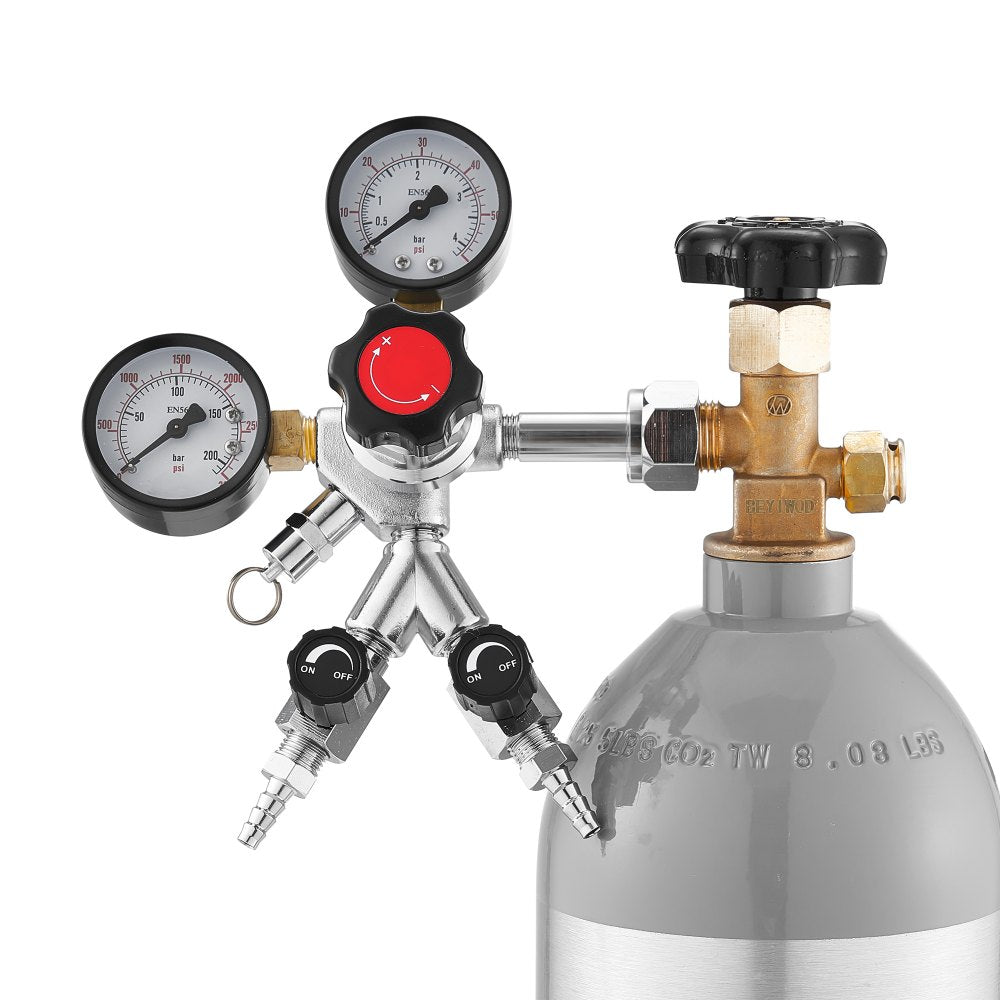VEVOR CO2 Regulator, Dual-Gauge Dual-Valve Beer Keg Regulator, 0–60 PSI Adjustable Pressure, Heavy-Duty CO2 Tank Gas Regulator with 2 Check Valves, for Draft Beer Homebrewing, Fits CGA320 Interface