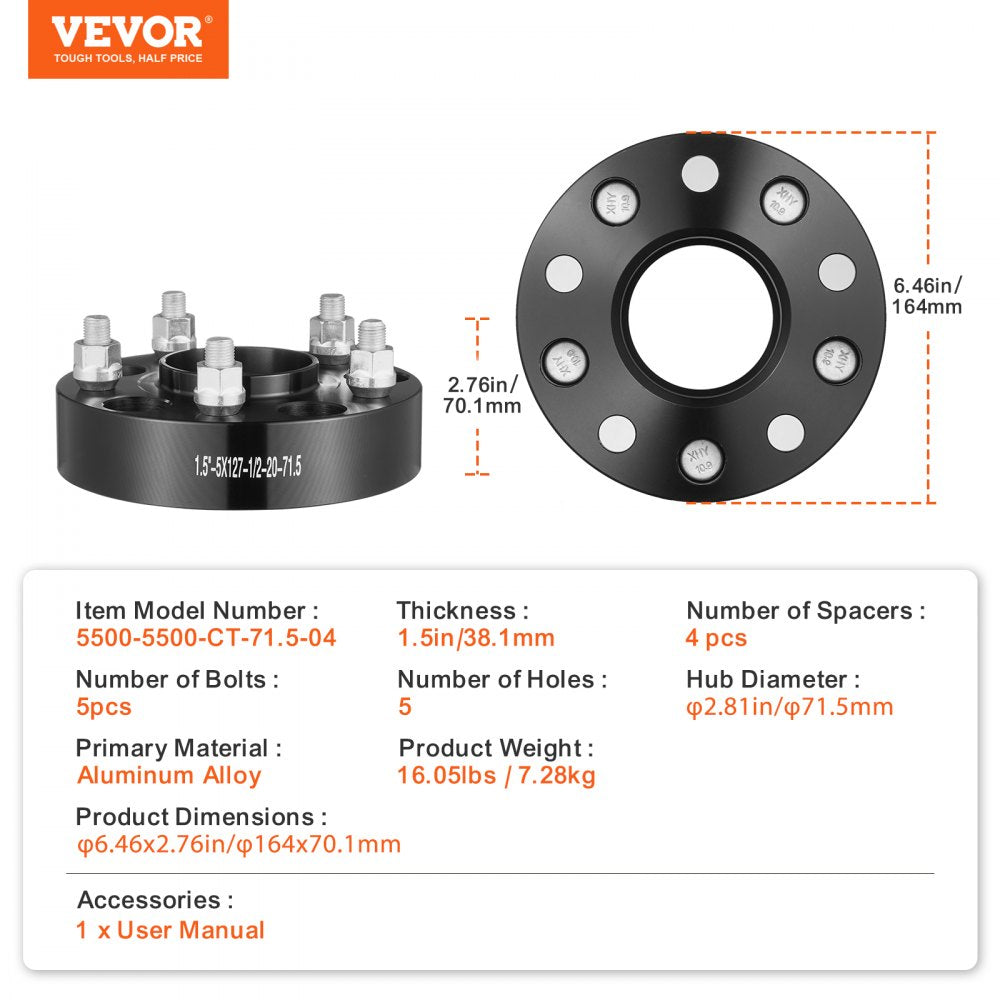 VEVOR Wheel Spacers, 1.5" 5"x5.5" Wheel Adapters, 5 Lug Forged Spacer, 71.5 mm Bore Hubcentric M1/2-20 Studs Spacers, Fit for Jeep Journey, WRANGLER JK JKU, Commander XK, Marquis, 4 PCS Black