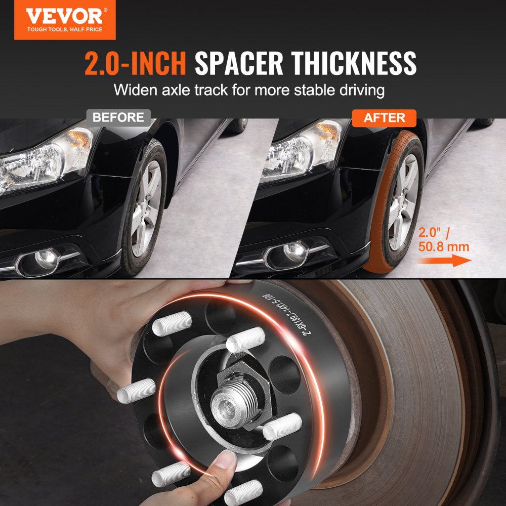 VEVOR Wheel Spacers, 2" 6"x5.5" Wheel Adapters, 6 Lug Forged Spacer, 108 mm Bore Hubcentric M14 x1.5 Studs Spacers, Fit for 1988-2023 Chevrolet, GMC, and Cadillac, 4 PCS Black