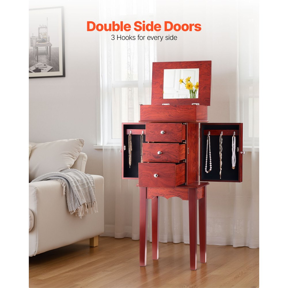 VEVOR Jewelry Cabinet Armoire, Standing Wood Jewelry Storage Chest with 3 Drawers, Flip Top Mirror, 4 Top Storage Compartments, Zinc Alloy Handles, 2 Side Doors with 6 Necklace Hooks