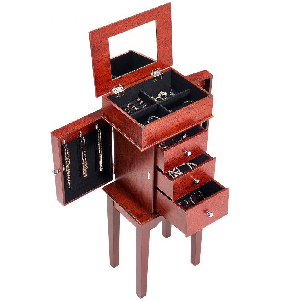 VEVOR Jewelry Cabinet Armoire, Standing Wood Jewelry Storage Chest with 3 Drawers, Flip Top Mirror, 4 Top Storage Compartments, Zinc Alloy Handles, 2 Side Doors with 6 Necklace Hooks