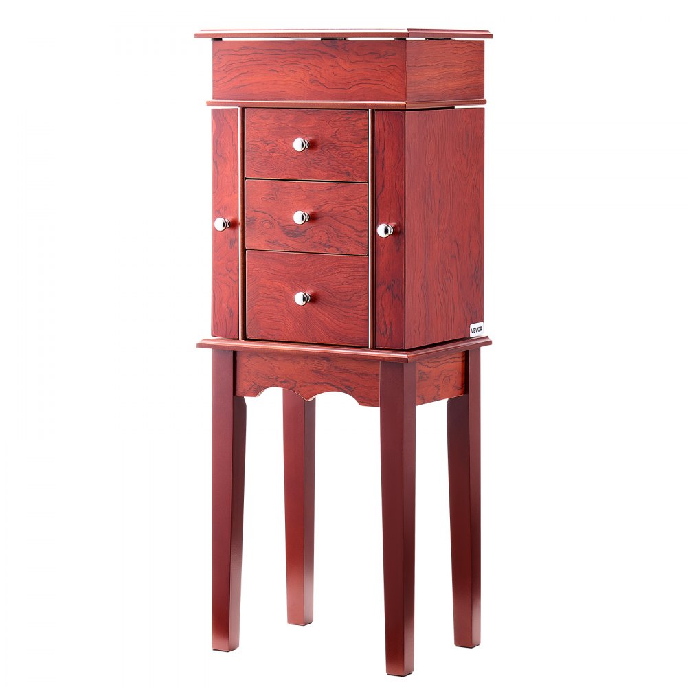 VEVOR Jewelry Cabinet Armoire, Standing Wood Jewelry Storage Chest with 3 Drawers, Flip Top Mirror, 4 Top Storage Compartments, Zinc Alloy Handles, 2 Side Doors with 6 Necklace Hooks