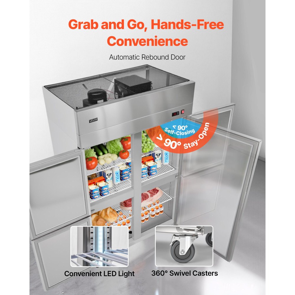 VEVOR Commercial Refrigerator, 31.89 in Width Reach In Upright Refrigeration Four Door, 31.4 Cu.ft Auto-Defrost Stainless Steel Refrigerator with 6 Adjustable Shelves, 32 to 50℉ Temp Range, 4 Wheels