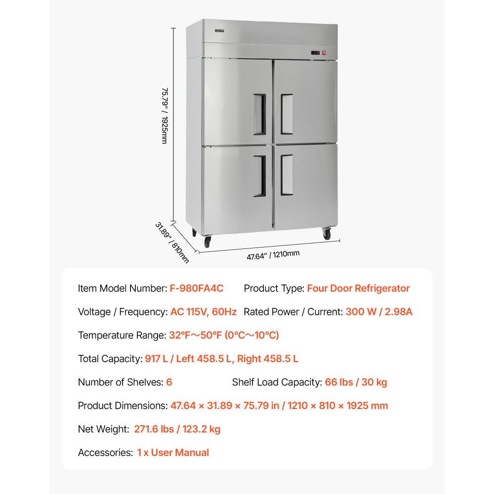 VEVOR Commercial Refrigerator, 31.89 in Width Reach In Upright Refrigeration Four Door, 31.4 Cu.ft Auto-Defrost Stainless Steel Refrigerator with 6 Adjustable Shelves, 32 to 50℉ Temp Range, 4 Wheels