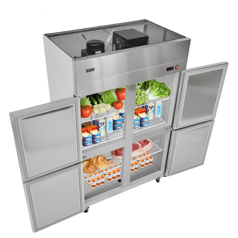 VEVOR Commercial Refrigerator, 31.89 in Width Reach In Upright Refrigeration Four Door, 31.4 Cu.ft Auto-Defrost Stainless Steel Refrigerator with 6 Adjustable Shelves, 32 to 50℉ Temp Range, 4 Wheels