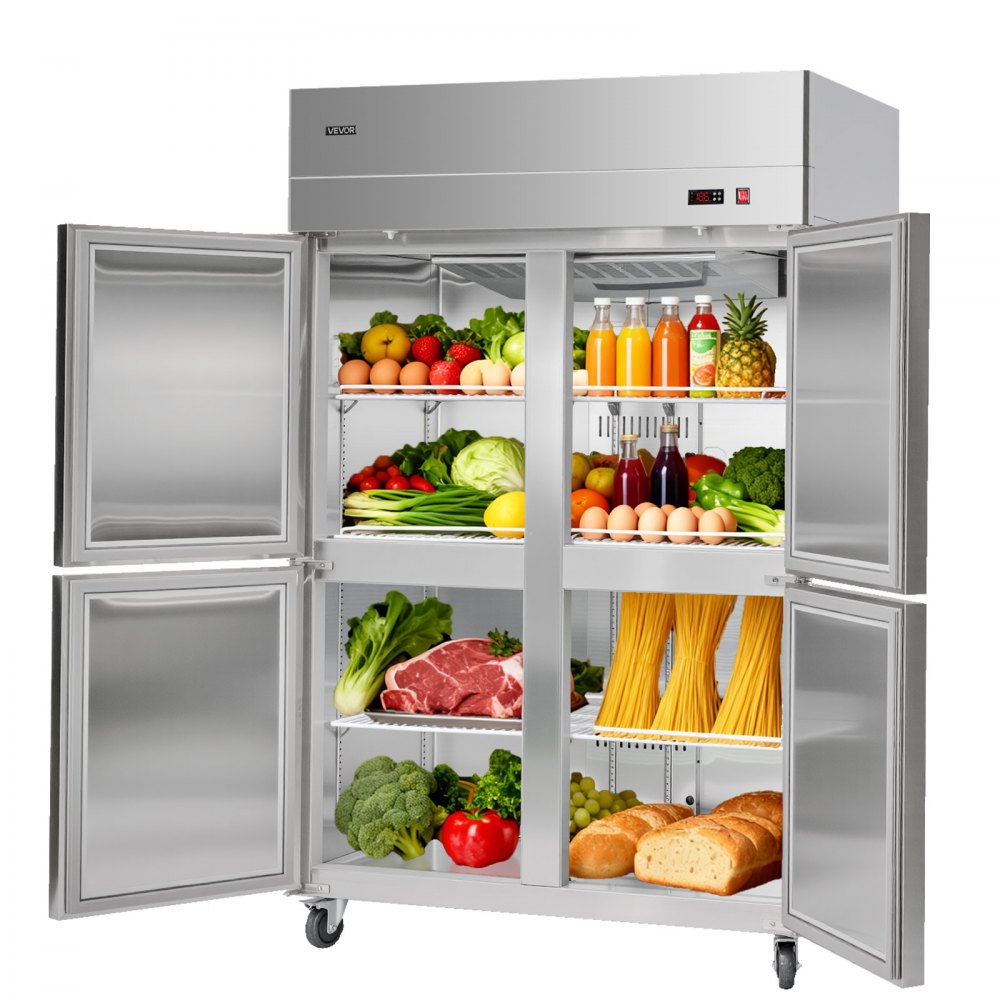 VEVOR Commercial Refrigerator, 31.89 in Width Reach In Upright Refrigeration Four Door, 31.4 Cu.ft Auto-Defrost Stainless Steel Refrigerator with 6 Adjustable Shelves, 32 to 50℉ Temp Range, 4 Wheels