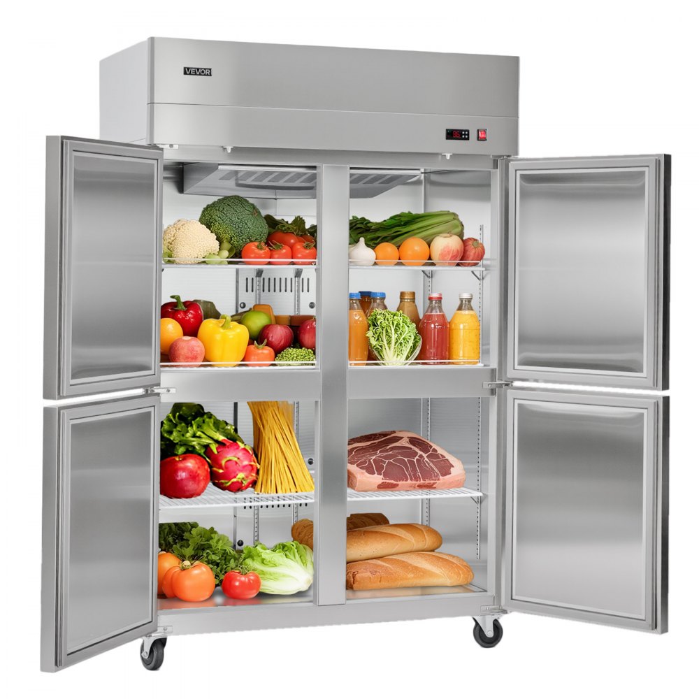 VEVOR Commercial Refrigerator, 31.89 in Width Reach In Upright Refrigeration Four Door, 31.4 Cu.ft Auto-Defrost Stainless Steel Refrigerator with 6 Adjustable Shelves, 32 to 50℉ Temp Range, 4 Wheels