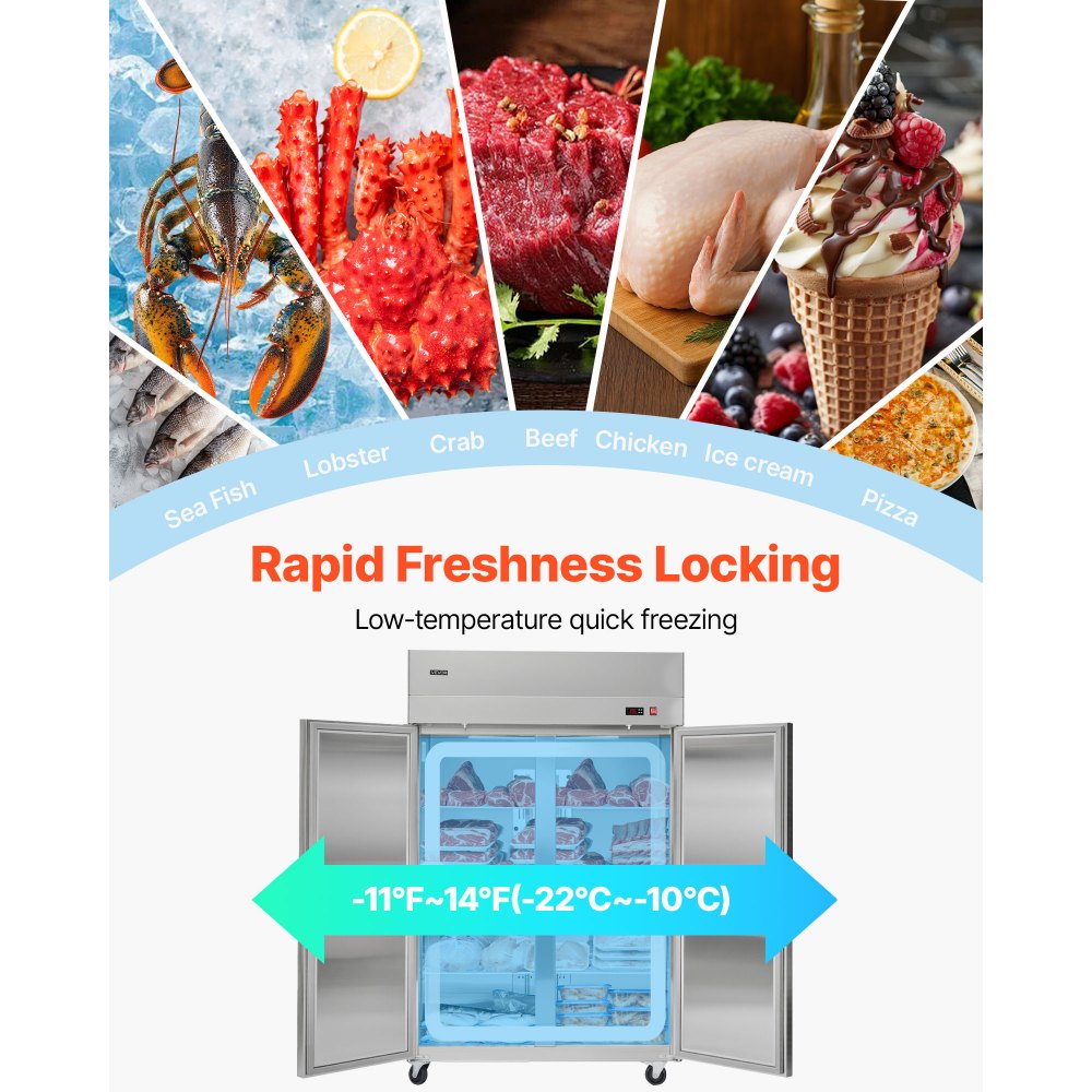 VEVOR Commercial Freezer, 31.89 in Width Reach In Upright-Freezer Four Door, 31.4 Cu.ft Auto-Defrost Stainless Steel Freezer with 6 Adjustable Shelves, -11 to 14℉ Temp Control, LED Light, 4 Wheels