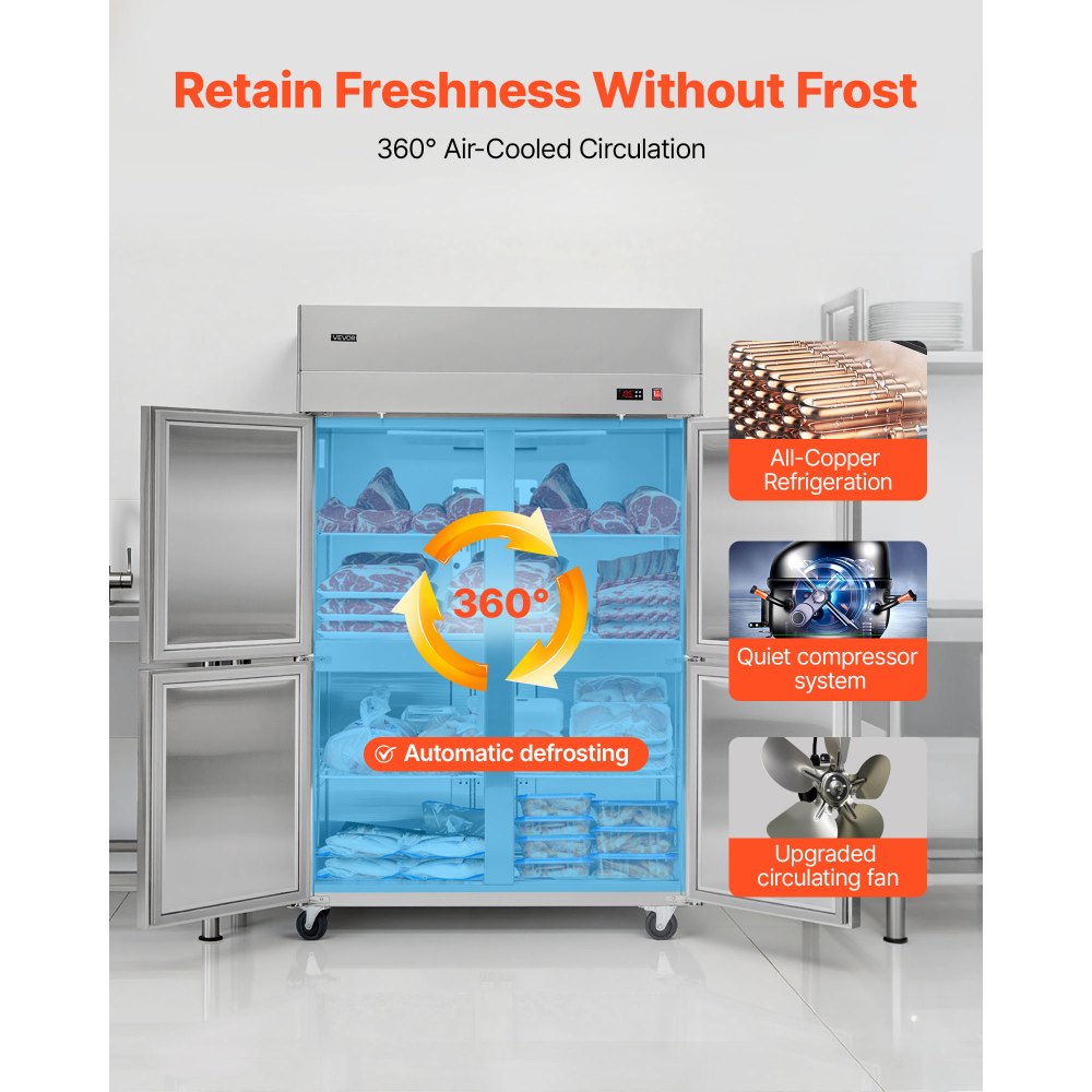VEVOR Commercial Freezer, 31.89 in Width Reach In Upright-Freezer Four Door, 31.4 Cu.ft Auto-Defrost Stainless Steel Freezer with 6 Adjustable Shelves, -11 to 14℉ Temp Control, LED Light, 4 Wheels