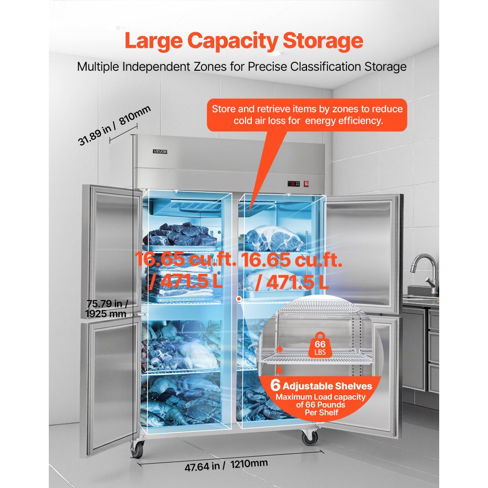 VEVOR Commercial Freezer, 31.89 in Width Reach In Upright-Freezer Four Door, 31.4 Cu.ft Auto-Defrost Stainless Steel Freezer with 6 Adjustable Shelves, -11 to 14℉ Temp Control, LED Light, 4 Wheels