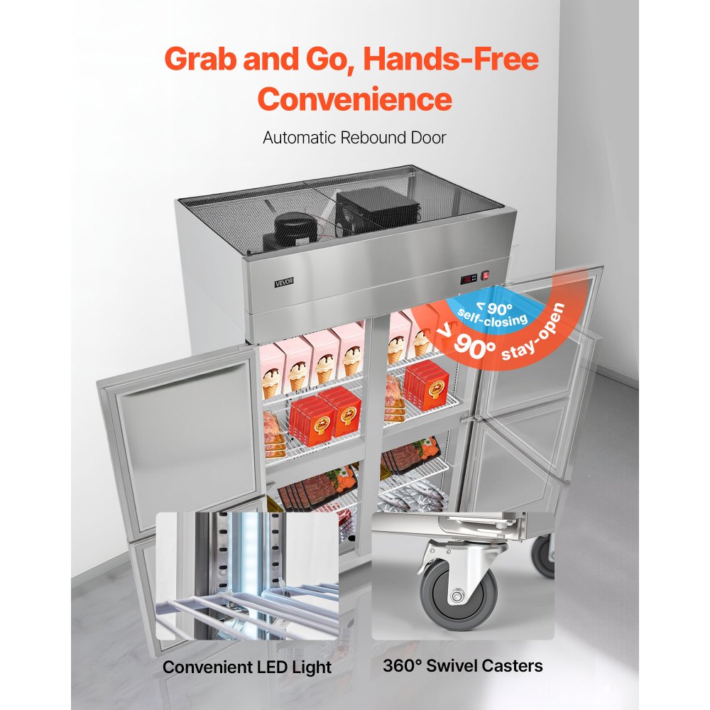 VEVOR Commercial Freezer, 31.89 in Width Reach In Upright-Freezer Four Door, 31.4 Cu.ft Auto-Defrost Stainless Steel Freezer with 6 Adjustable Shelves, -11 to 14℉ Temp Control, LED Light, 4 Wheels