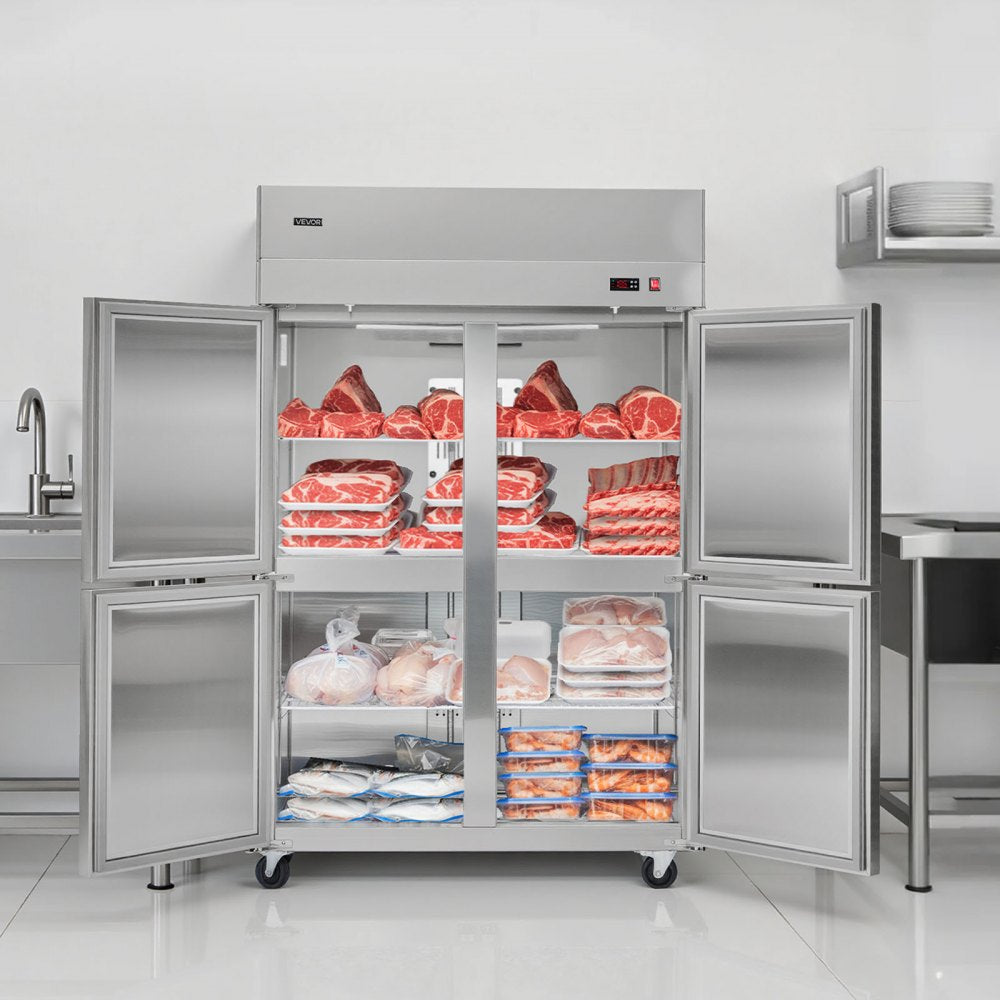 VEVOR Commercial Freezer, 31.89 in Width Reach In Upright-Freezer Four Door, 31.4 Cu.ft Auto-Defrost Stainless Steel Freezer with 6 Adjustable Shelves, -11 to 14℉ Temp Control, LED Light, 4 Wheels