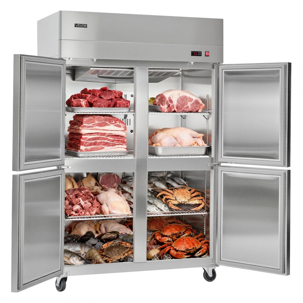 VEVOR Commercial Freezer, 31.89 in Width Reach In Upright-Freezer Four Door, 31.4 Cu.ft Auto-Defrost Stainless Steel Freezer with 6 Adjustable Shelves, -11 to 14℉ Temp Control, LED Light, 4 Wheels