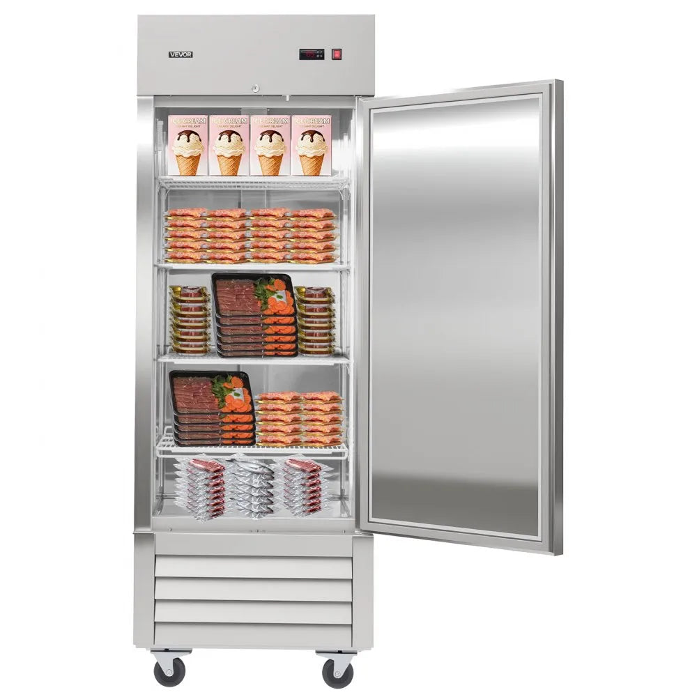 VEVOR Commercial Reach-In Freezer 29" W, 22 Cu.Ft Stainless Steel Upright Freezer with Single Door, Auto-Defrost, 4 Adjustable Shelves, -11 to 14℉ Temp Control, LED Light, ETL Certified