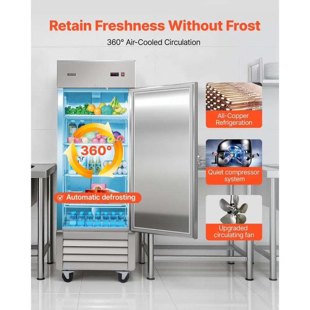 VEVOR Commercial Reach-In Refrigerator 29" W, 22 Cu.Ft Stainless Steel Upright Refrigerator with Single Door, Auto-Defrost, 4 Adjustable Shelves, 32 to 50℉ Temperature Control, ETL Certified