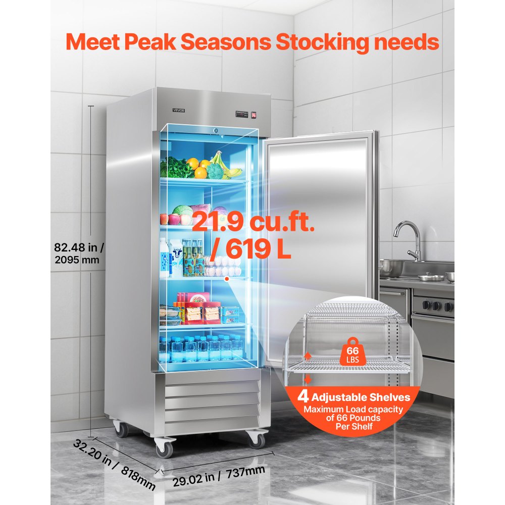 VEVOR Commercial Reach-In Refrigerator 29" W, 22 Cu.Ft Stainless Steel Upright Refrigerator with Single Door, Auto-Defrost, 4 Adjustable Shelves, 32 to 50℉ Temperature Control, ETL Certified