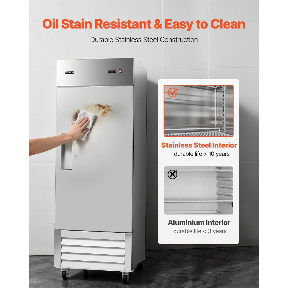 VEVOR Commercial Reach-In Refrigerator 29" W, 22 Cu.Ft Stainless Steel Upright Refrigerator with Single Door, Auto-Defrost, 4 Adjustable Shelves, 32 to 50℉ Temperature Control, ETL Certified