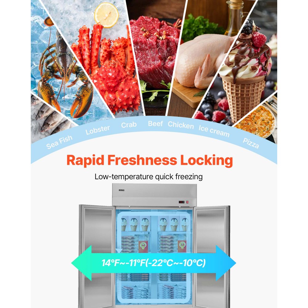 VEVOR Commercial Freezer, 32.2 in Width Reach In Upright-Freezer Three Door, 66.9 Cu.ft Auto-Defrost Stainless Steel Freezer with 12 Adjustable Shelves, -11 to 14℉ Temp Control, LED Light, 4 Wheels