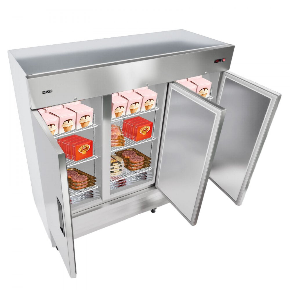 VEVOR Commercial Freezer, 32.2 in Width Reach In Upright-Freezer Three Door, 66.9 Cu.ft Auto-Defrost Stainless Steel Freezer with 12 Adjustable Shelves, -11 to 14℉ Temp Control, LED Light, 4 Wheels