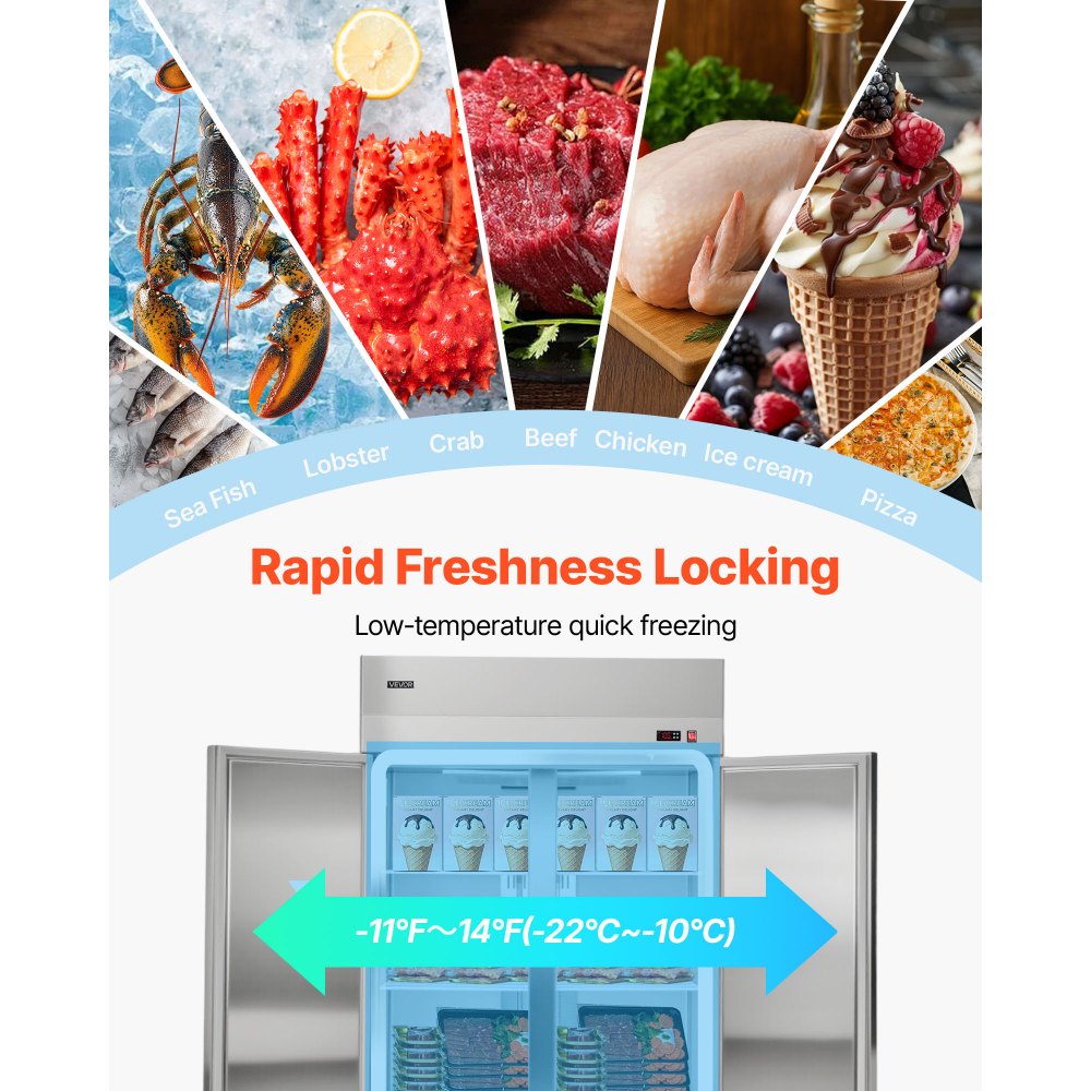 VEVOR Commercial Freezer, 31.89 in Width Reach In Upright-Freezer Double Door, 32.1 Cu.ft Auto-Defrost Stainless Steel Freezer with 8 Adjustable Shelves, -11 to 14℉ Temp Control, LED Light, 4 Wheels