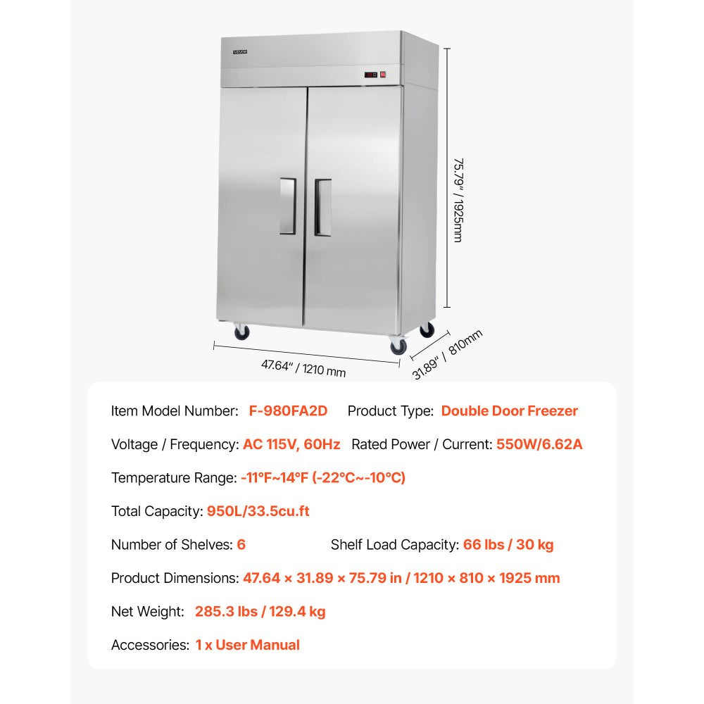 VEVOR Commercial Freezer, 31.89 in Width Reach In Upright-Freezer Double Door, 32.1 Cu.ft Auto-Defrost Stainless Steel Freezer with 8 Adjustable Shelves, -11 to 14℉ Temp Control, LED Light, 4 Wheels