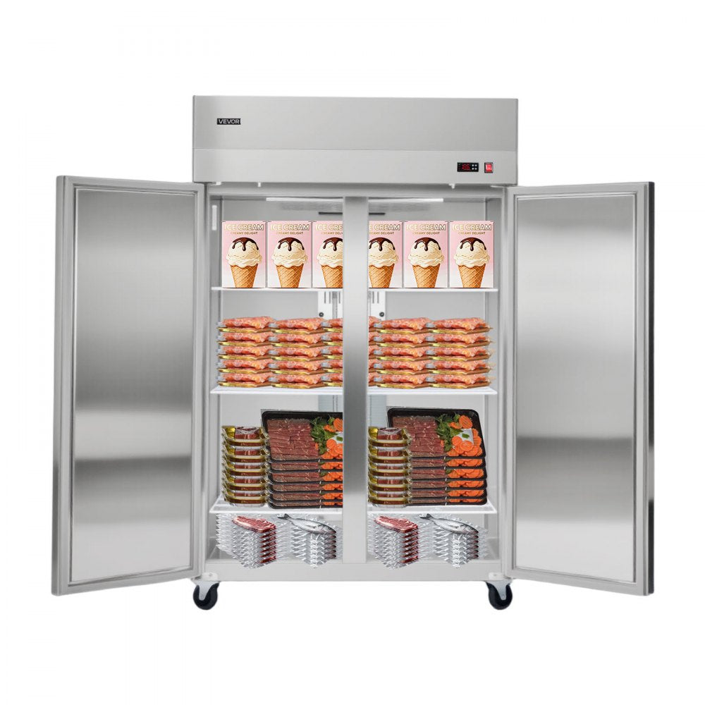 VEVOR Commercial Freezer, 31.89 in Width Reach In Upright-Freezer Double Door, 32.1 Cu.ft Auto-Defrost Stainless Steel Freezer with 8 Adjustable Shelves, -11 to 14℉ Temp Control, LED Light, 4 Wheels