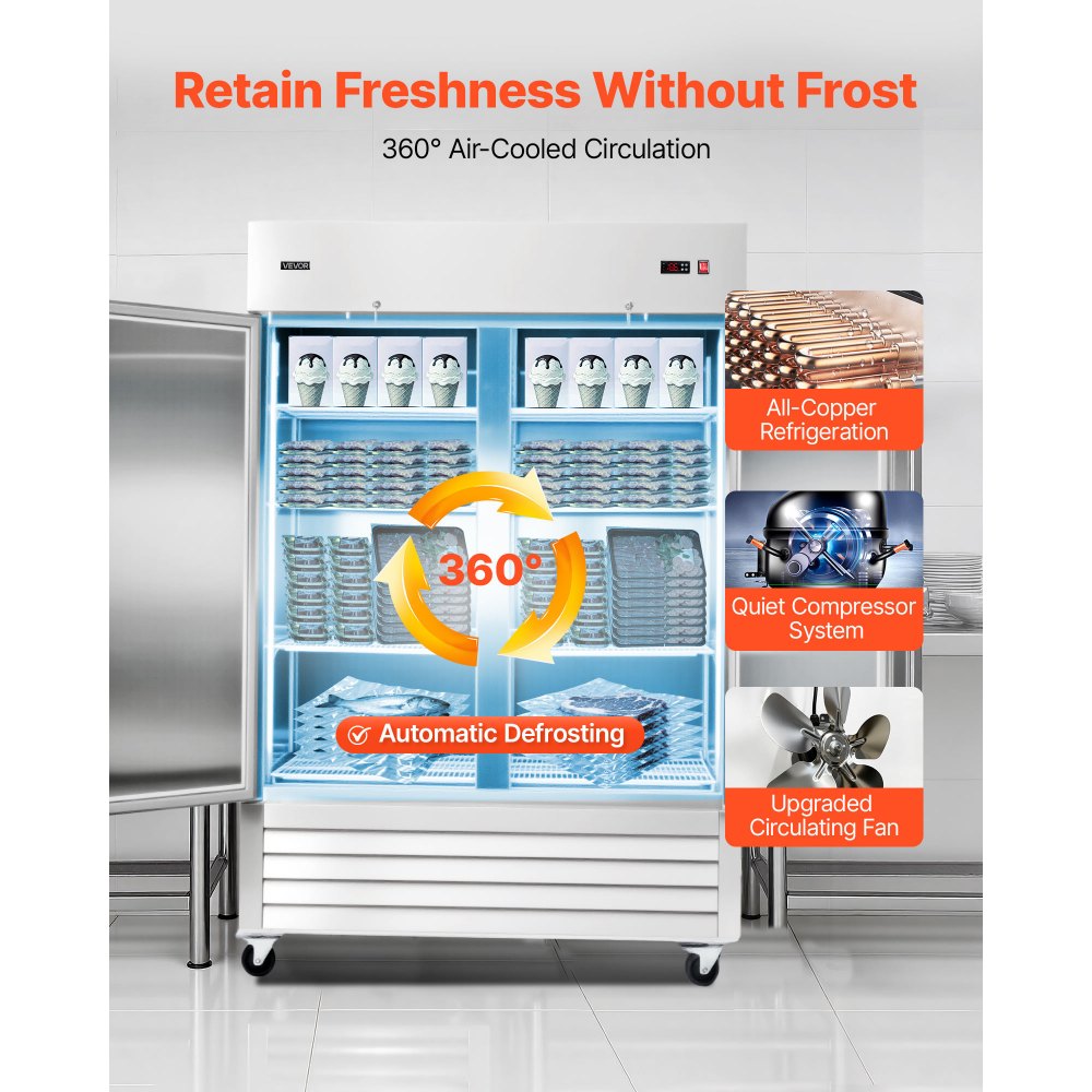 VEVOR Commercial Freezer, 32.2 in Width Reach In Upright-Freezer Double Door, 43.2 Cu.ft Auto-Defrost Stainless Steel Freezer with 8 Adjustable Shelves, -11 to 14℉ Temp Control, LED Light, 4 Wheels