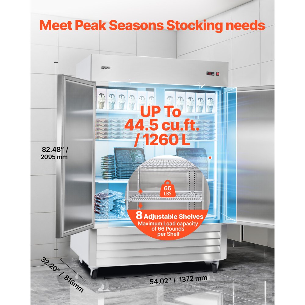 VEVOR Commercial Freezer, 32.2 in Width Reach In Upright-Freezer Double Door, 43.2 Cu.ft Auto-Defrost Stainless Steel Freezer with 8 Adjustable Shelves, -11 to 14℉ Temp Control, LED Light, 4 Wheels