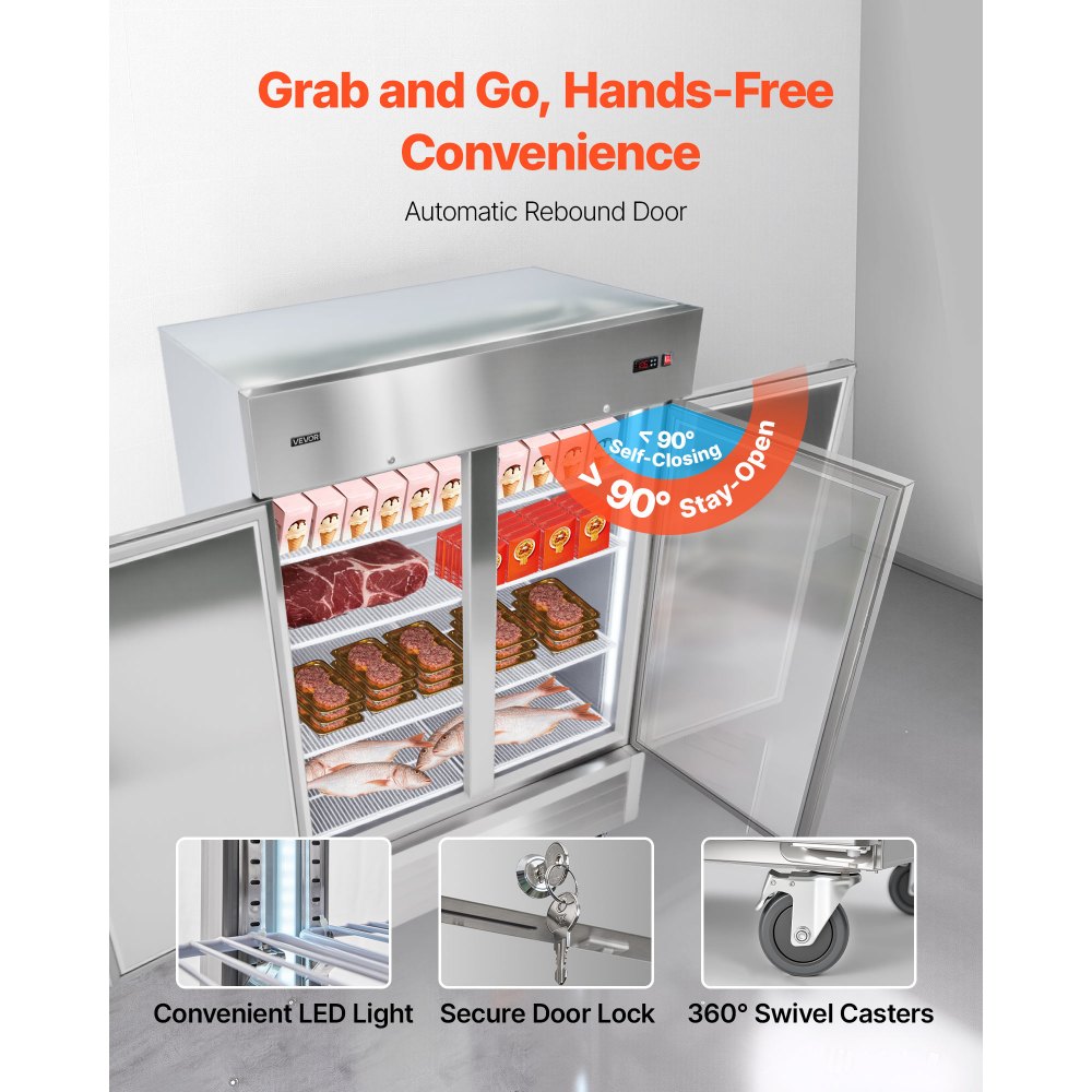 VEVOR Commercial Freezer, 32.2 in Width Reach In Upright-Freezer Double Door, 43.2 Cu.ft Auto-Defrost Stainless Steel Freezer with 8 Adjustable Shelves, -11 to 14℉ Temp Control, LED Light, 4 Wheels