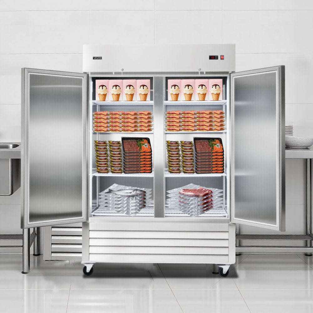 VEVOR Commercial Freezer, 32.2 in Width Reach In Upright-Freezer Double Door, 43.2 Cu.ft Auto-Defrost Stainless Steel Freezer with 8 Adjustable Shelves, -11 to 14℉ Temp Control, LED Light, 4 Wheels