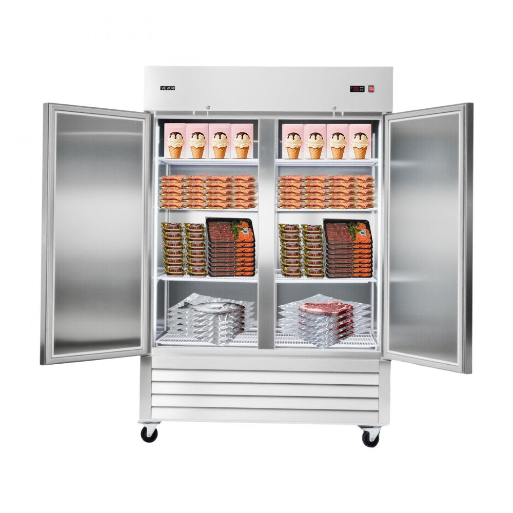 VEVOR Commercial Freezer, 32.2 in Width Reach In Upright-Freezer Double Door, 43.2 Cu.ft Auto-Defrost Stainless Steel Freezer with 8 Adjustable Shelves, -11 to 14℉ Temp Control, LED Light, 4 Wheels