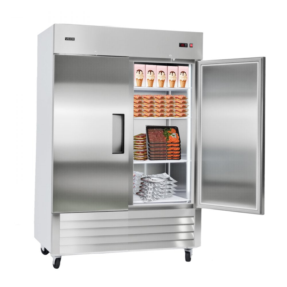 VEVOR Commercial Freezer, 32.2 in Width Reach In Upright-Freezer Double Door, 43.2 Cu.ft Auto-Defrost Stainless Steel Freezer with 8 Adjustable Shelves, -11 to 14℉ Temp Control, LED Light, 4 Wheels