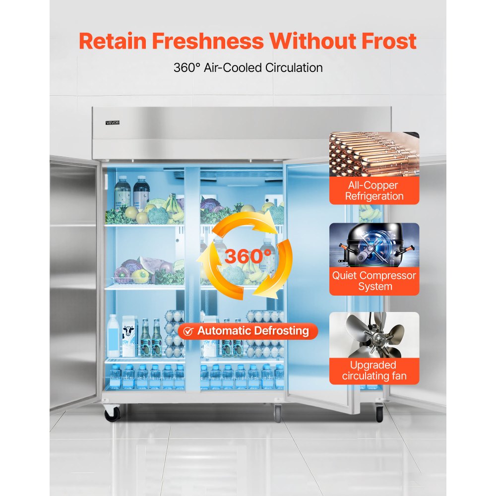 VEVOR Commercial Reach-In Refrigerator 72" W, 52 Cu.Ft Stainless Steel Upright Refrigerator with Three Doors, Auto-Defrost, 9 Adjustable Shelves, 32 to 50℉ Temp Control, UL Certified