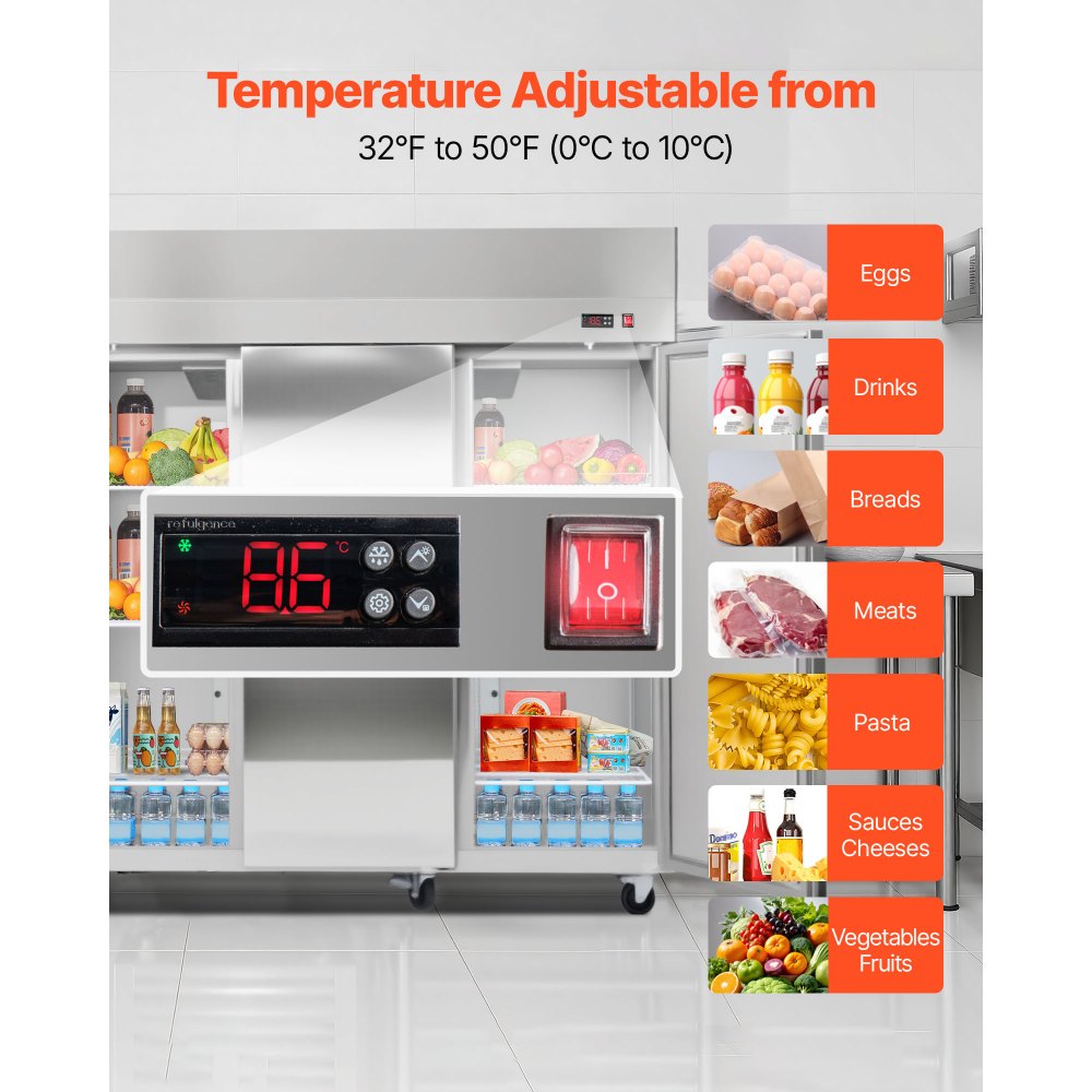 VEVOR Commercial Reach-In Refrigerator 72" W, 52 Cu.Ft Stainless Steel Upright Refrigerator with Three Doors, Auto-Defrost, 9 Adjustable Shelves, 32 to 50℉ Temp Control, UL Certified