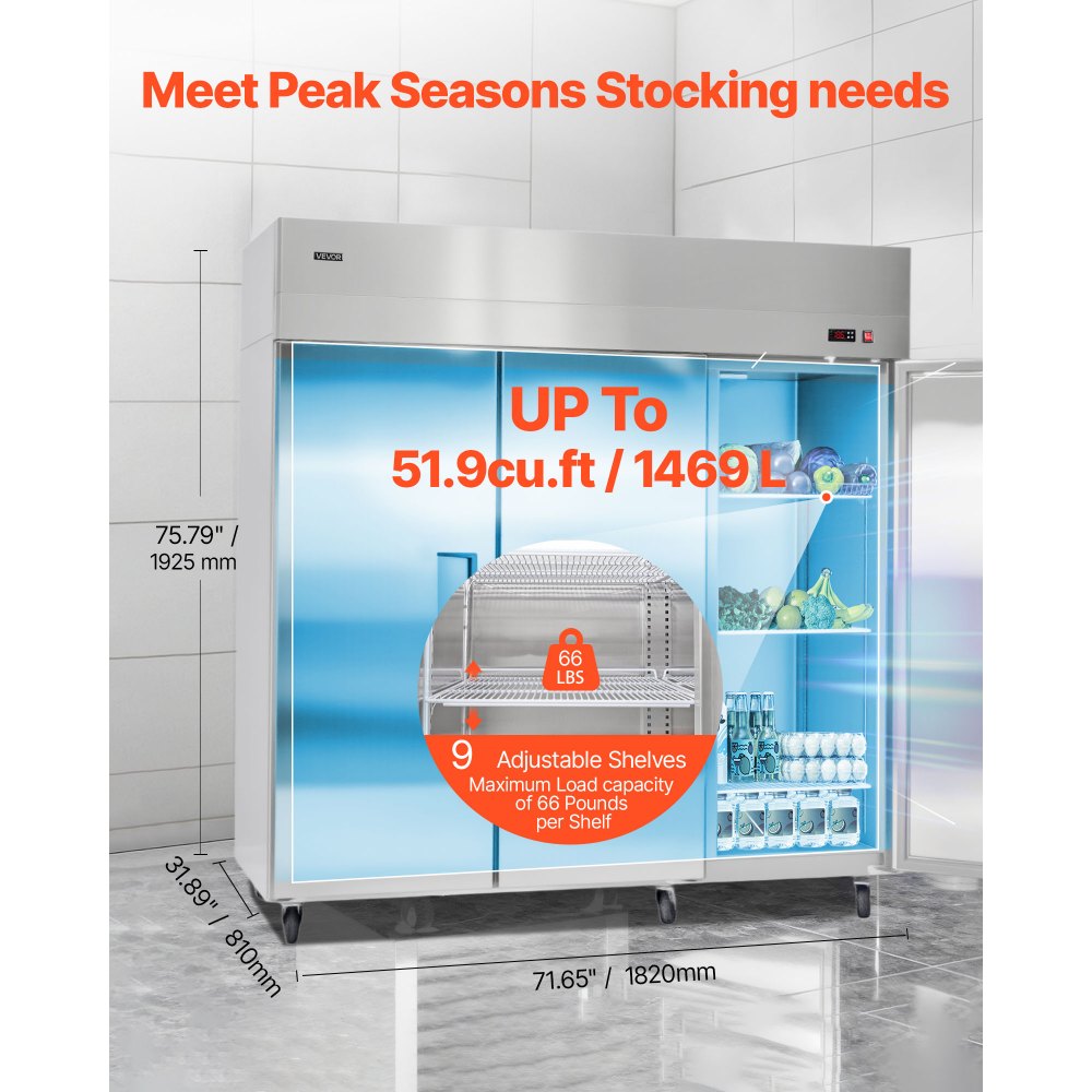 VEVOR Commercial Reach-In Refrigerator 72" W, 52 Cu.Ft Stainless Steel Upright Refrigerator with Three Doors, Auto-Defrost, 9 Adjustable Shelves, 32 to 50℉ Temp Control, UL Certified