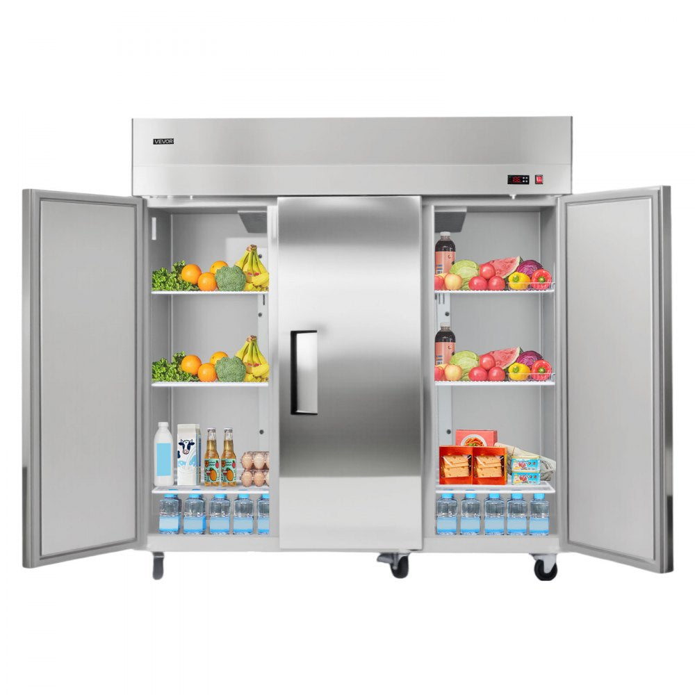 VEVOR Commercial Reach-In Refrigerator 72" W, 52 Cu.Ft Stainless Steel Upright Refrigerator with Three Doors, Auto-Defrost, 9 Adjustable Shelves, 32 to 50℉ Temp Control, UL Certified