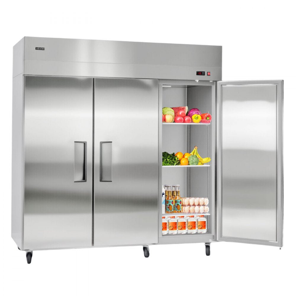 VEVOR Commercial Reach-In Refrigerator 72" W, 52 Cu.Ft Stainless Steel Upright Refrigerator with Three Doors, Auto-Defrost, 9 Adjustable Shelves, 32 to 50℉ Temp Control, UL Certified