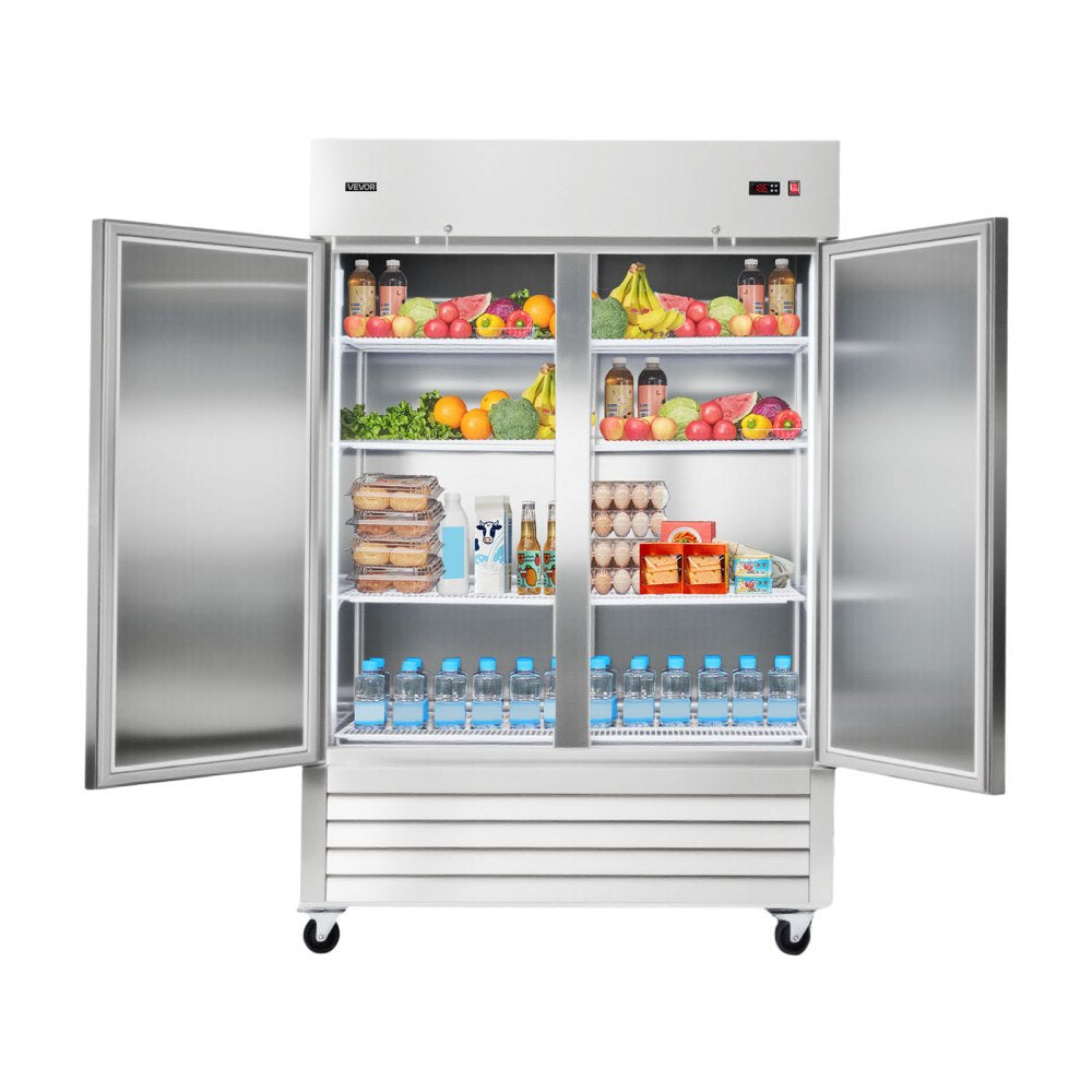 VEVOR Commercial Refrigerator, 32.2 in Width Reach In Upright Refrigeration Double Door, 43.2 Cu.ft Auto-Defrost Stainless Steel Refrigerator with 8 Adjustable Shelves, 32 to 50℉ Temp Range, 4 Wheels