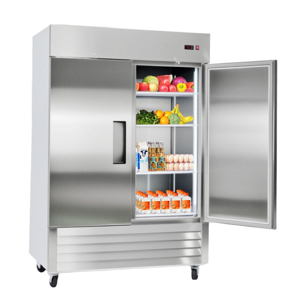 VEVOR Commercial Refrigerator, 32.2 in Width Reach In Upright Refrigeration Double Door, 43.2 Cu.ft Auto-Defrost Stainless Steel Refrigerator with 8 Adjustable Shelves, 32 to 50℉ Temp Range, 4 Wheels