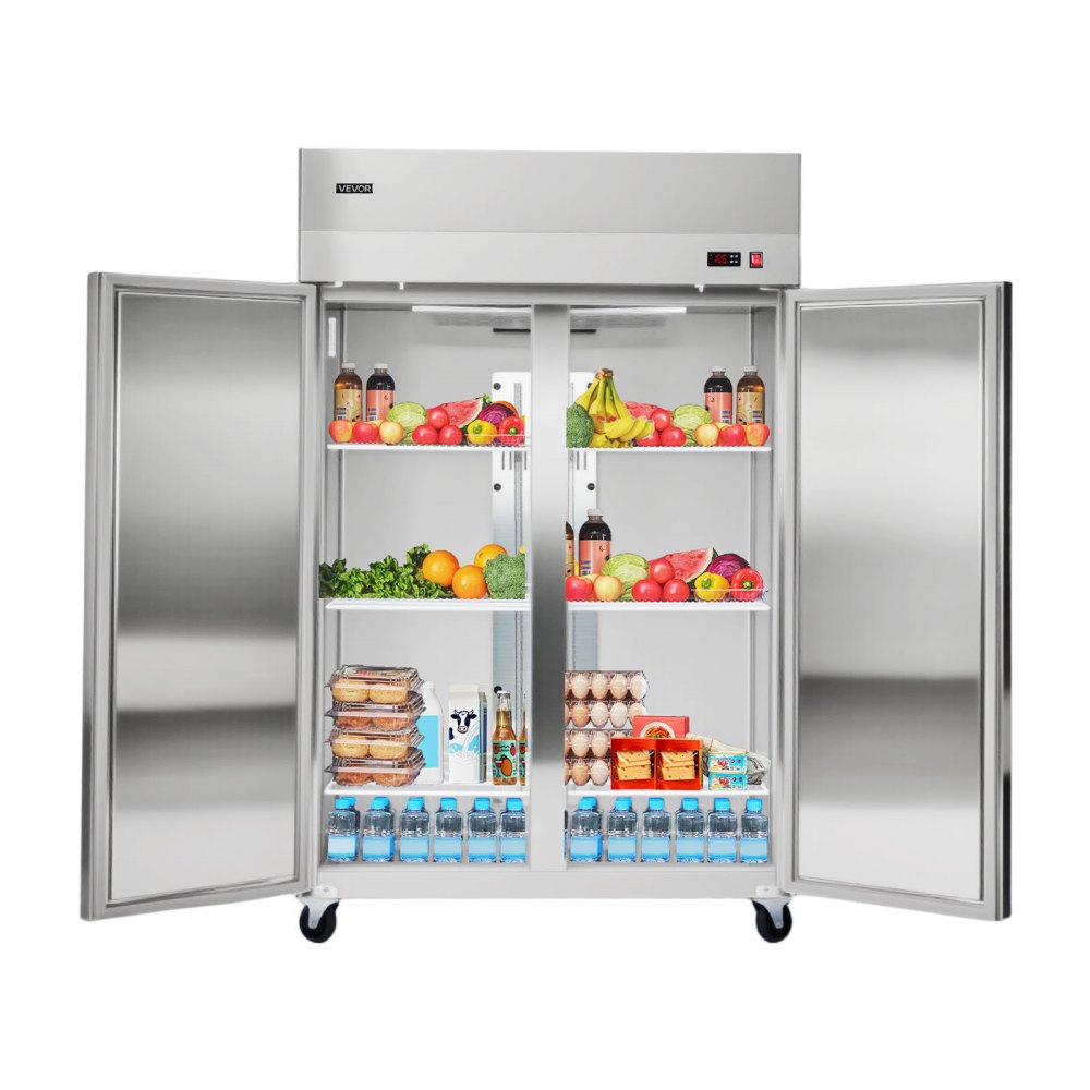 VEVOR Commercial Refrigerator, 31.89 in Width Reach In Upright Refrigeration Double Door, 32.1 Cu.ft Auto-Defrost Stainless Steel Refrigerator with 8 Adjustable Shelves, 32 to 50℉ Temp Range, 4 Wheels