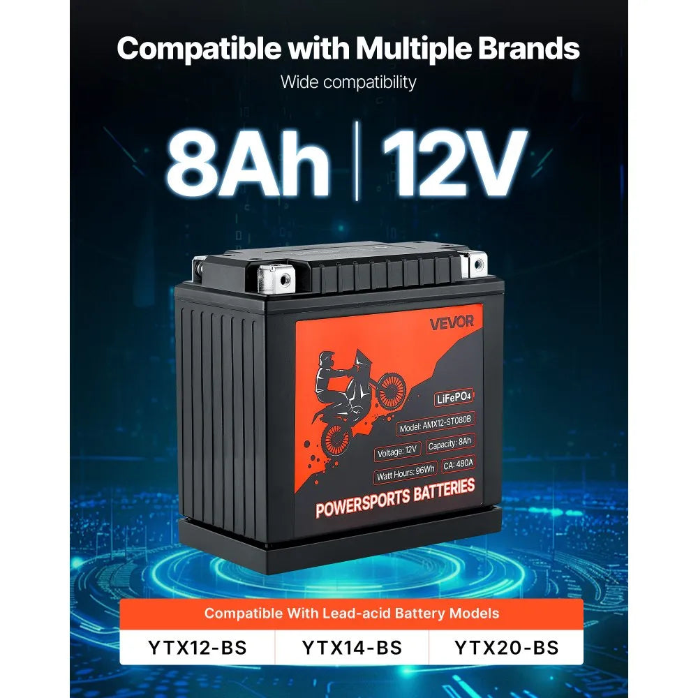 VEVOR Motorcycle Battery, 12 Volt 8Ah, LiFePO4 Lithium Pre-Charged Powersports Battery, Maintenance Free & High Performance, Compatible with ATV, Motorcycle, Jet Skis, Scooter, UTV, and More