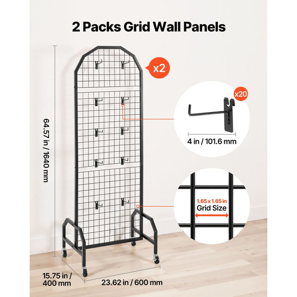 Vevor Grid Wall Panels 2-Pack 1.9' x 5.4' Wire Display Rack with Wheel ...